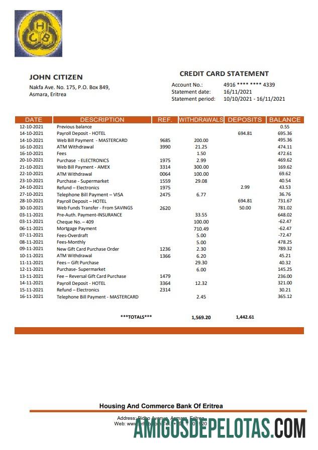 Modelo de extrato bancário de habitação e comércio da Eritreia